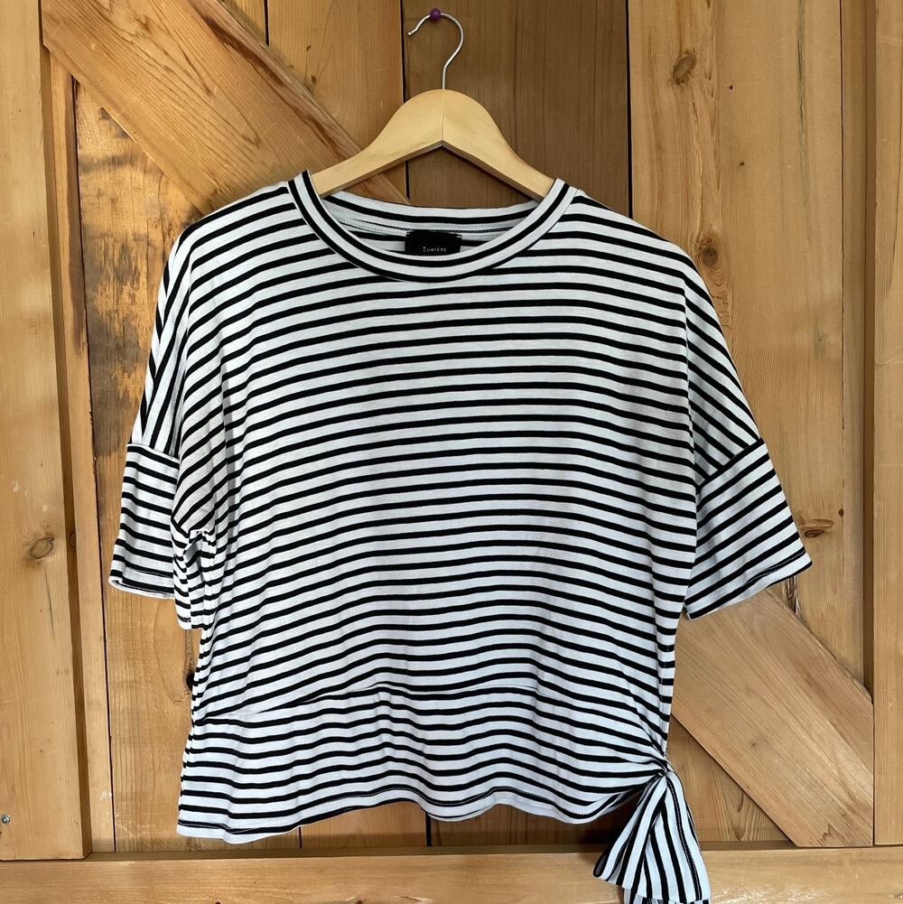 Lumiere Black/White Striped Boxy, Bell Short Sleeve, Tie Blouse, Size S, Boho
